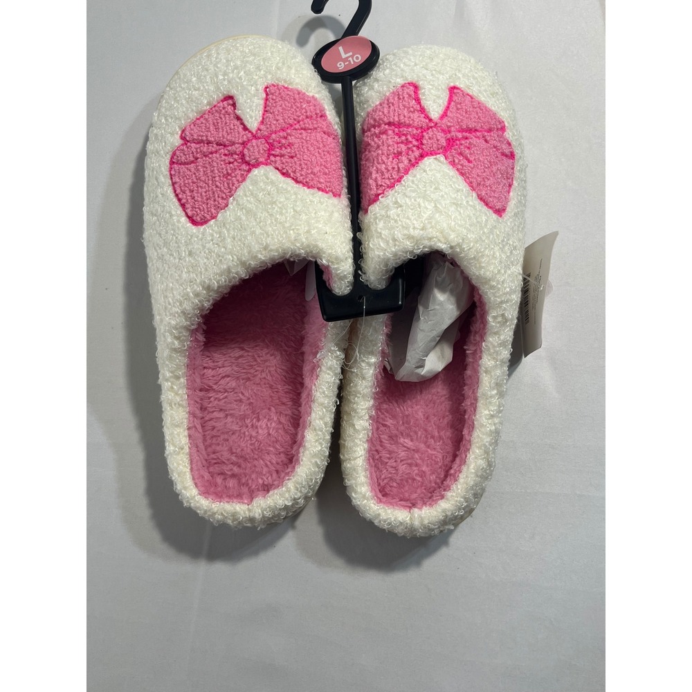 Bobbie Brooks Sherpa Bow Slippers Women L 9-10 Pink Cream Faux Fur Scuff Barbie